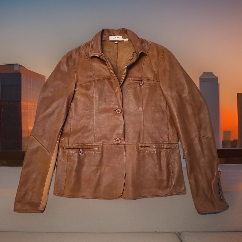 Jakett Etc Women's Brown Leather Blazer Jacket 2 Button Cotton Trim Small‎ Rare